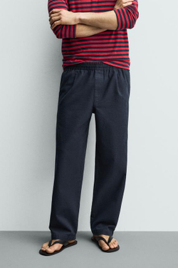 ZARA БРЮКИ RELAXED FIT В ЕЛОЧКУ, МОРСКОЙ СИНИЙ