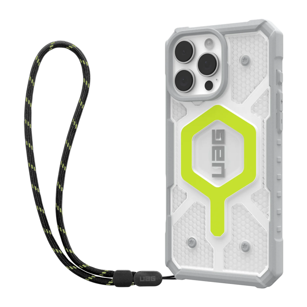 Защитный прозрачный чехол MagSafe с ремешком на запястье UAG Pathfinder Clear для iPhone 16 Pro Max Полупрозрачный композитный гибридный чехол с высоким уровнем защиты при падении, вырезом для Контроллера камеры и съёмным ремешком