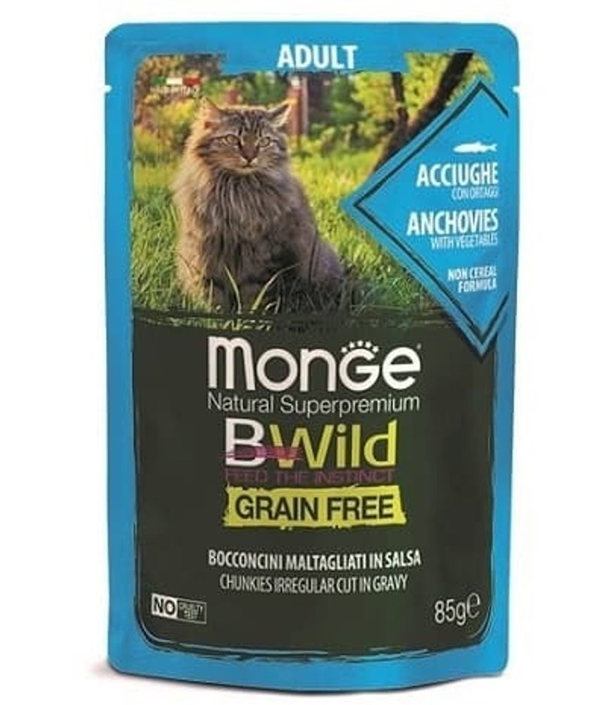 Monge Cat BWild GRAIN FREE паучи из анчоусов с овощами для взрослых кошек 85г