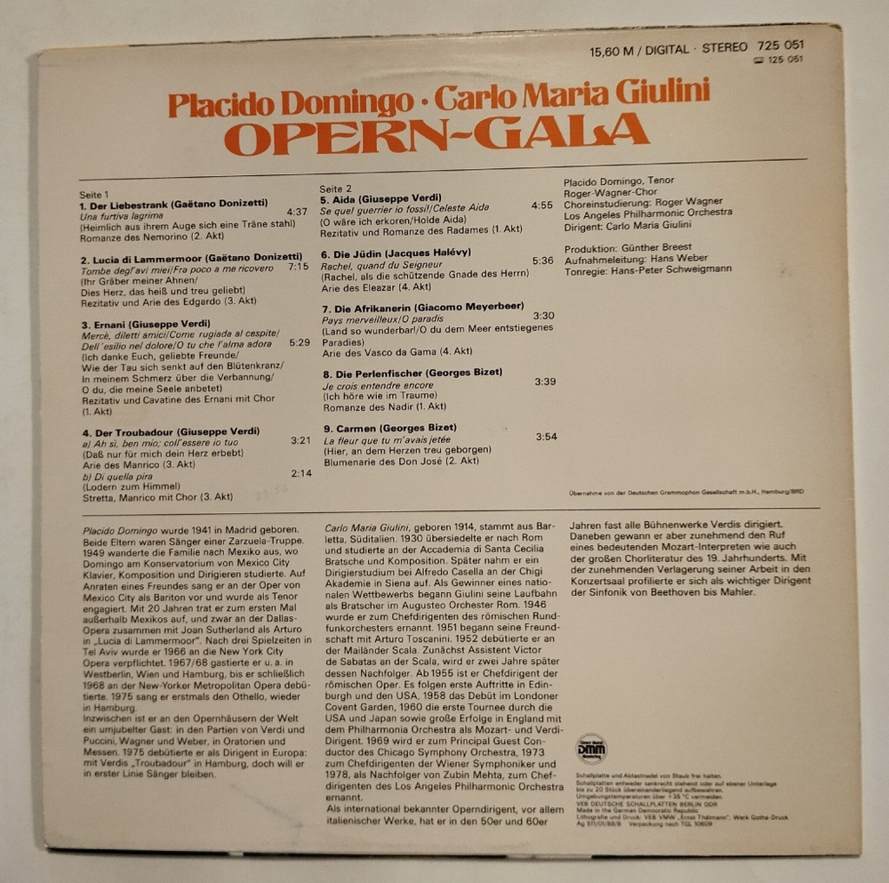 Винтажная виниловая пластинка LP Placido Domingo, Carlo Maria Giulini Opern Gala (ГДР 1988)
