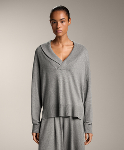 Oysho Джемпер с V-образным вырезом и лацканом, серый меланж
