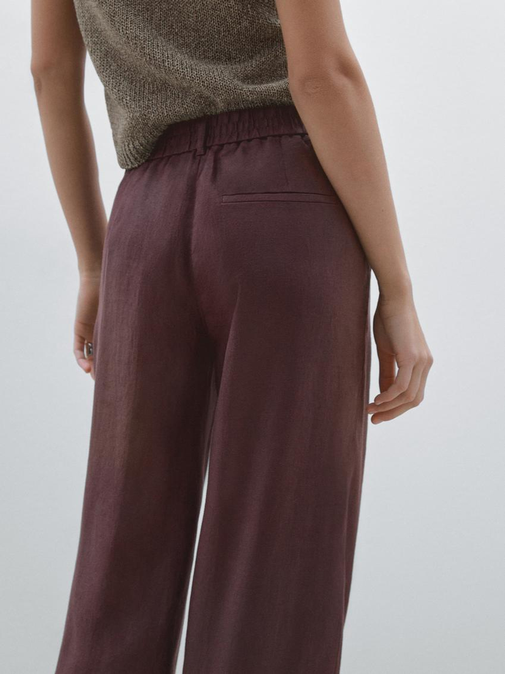 Massimo Dutti Брюки из 100% льна с широкими штанинами и эластичной деталью, коричневый