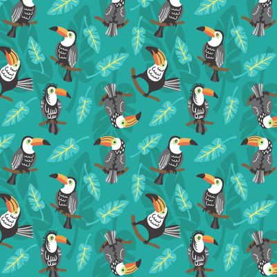 Тропические туканы на зеленом фоне с листьями пальмы