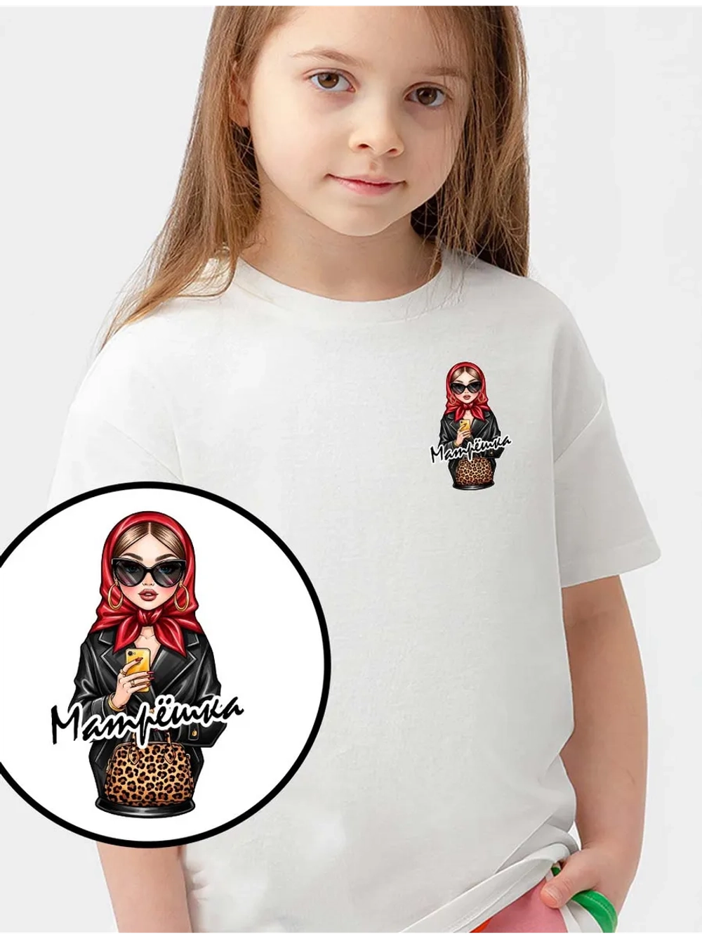 Футболка детская белая с матрешкой в очках и надписью