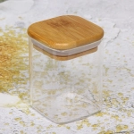 Банка для продуктов стеклянная 200мл «Хай-Тек» с бамбуковой крышкой, квадратная 6*8см