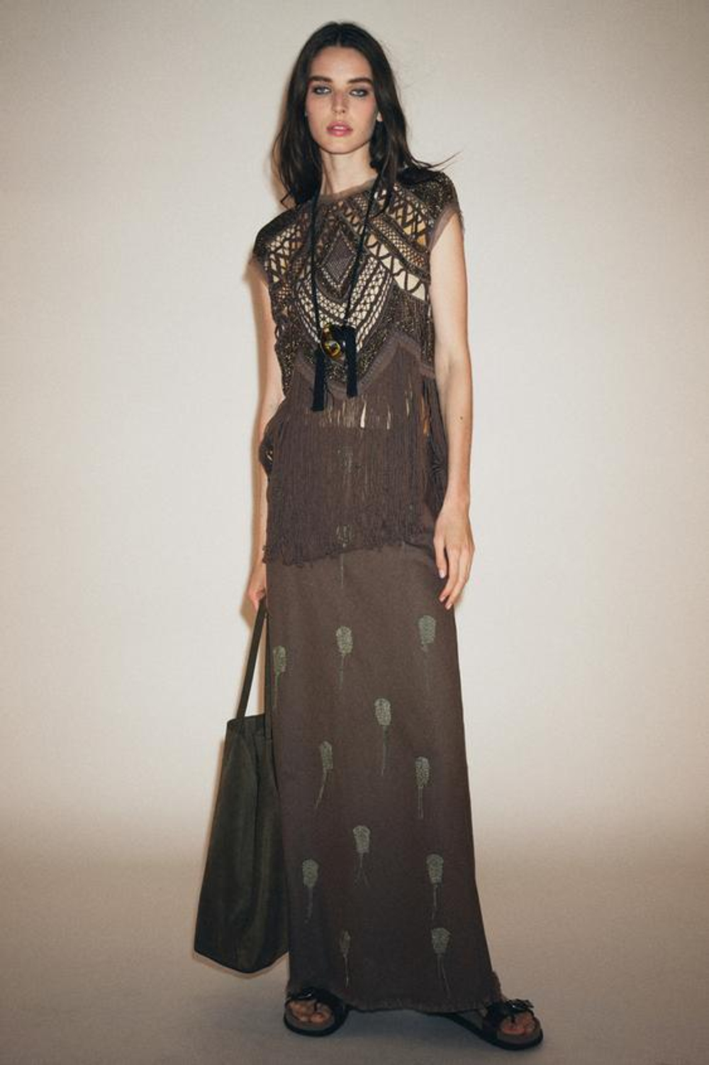 ZARA ЮБКА С ВЫШИВКОЙ И ЛЬНОМ — ZW COLLECTION, СЕРЫЙ МЕЛАНЖ