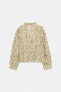 ZARA РУБАШКА С АЖУРНОЙ ВЫШИВКОЙ, СВЕТЛЫЙ ХАКИ