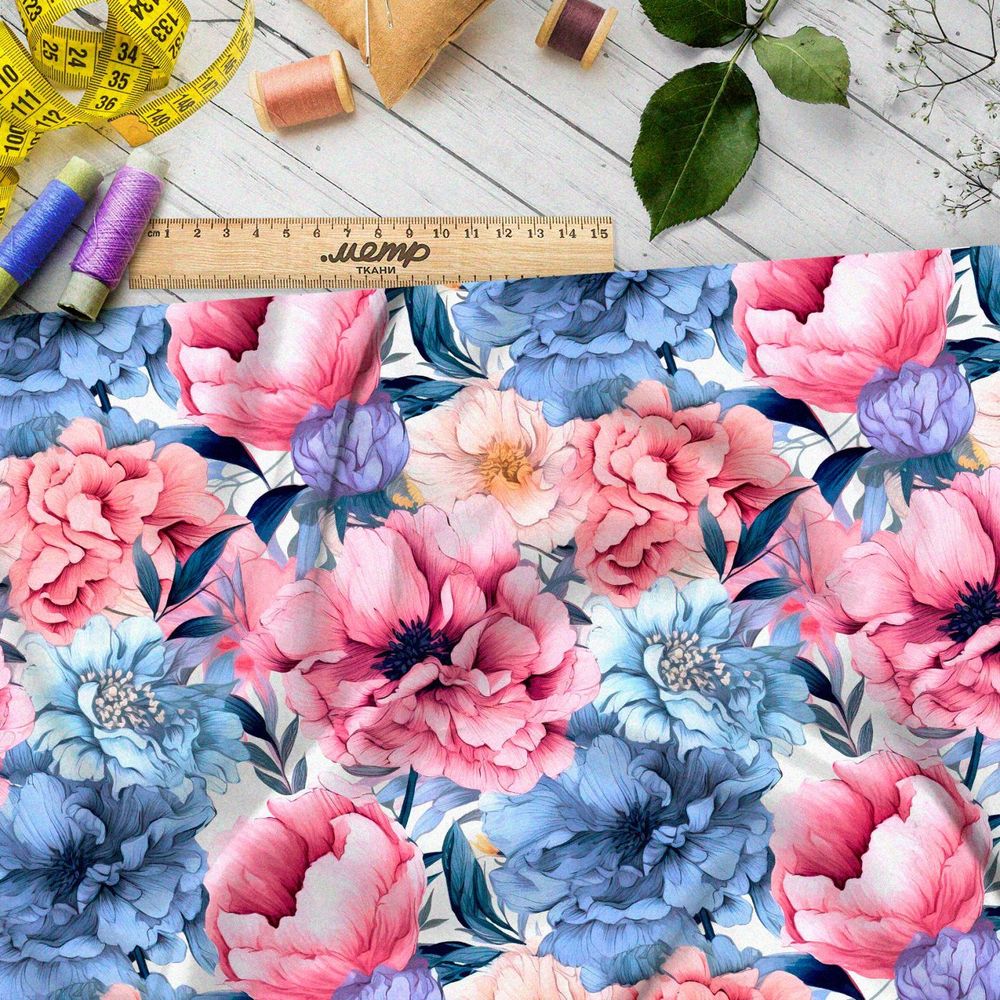 Ткань премиум Оксфорд 600D пионы в вихре