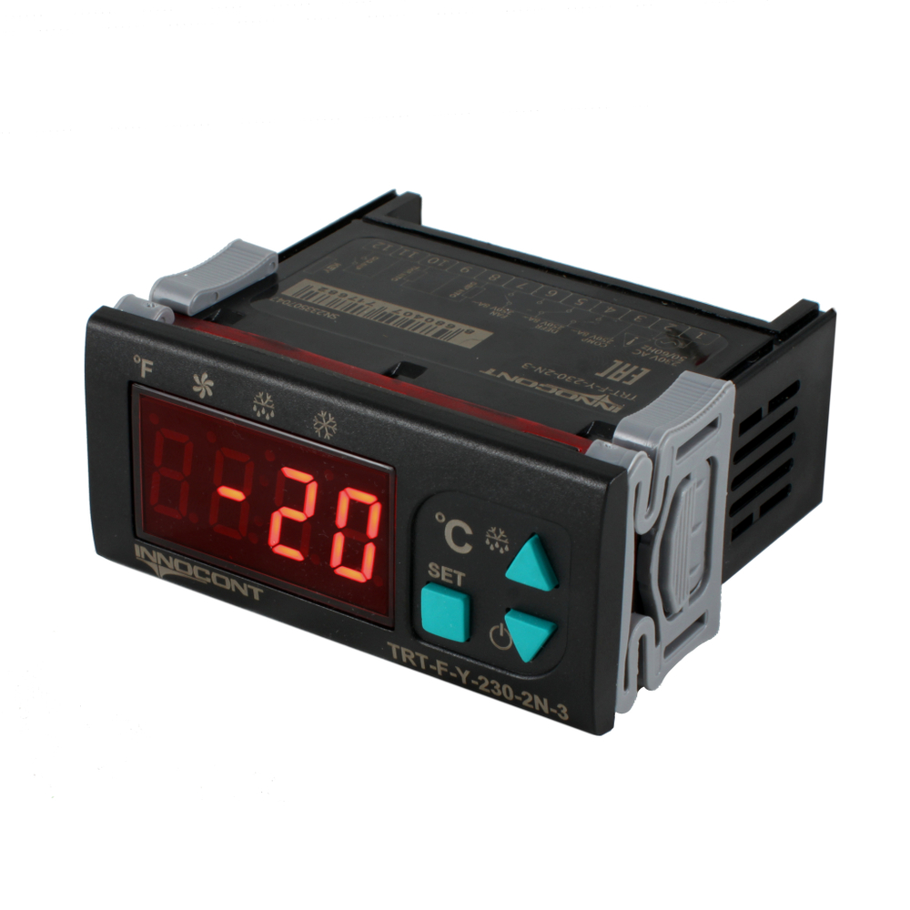 Температурный контроллер INNOCONT для управления охлаждением/размораживанием, 4 разряда, 77х35х61 мм, NTC, выход реле на компрессор, ON/OFF, 230VAC, комплектный фиксатор