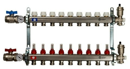 Коллектор Stout 1" x 3/4" на 9 контуров с расходомерами в сборе (нерж. сталь) SMS-0907-000009