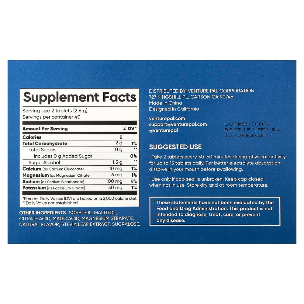 Venture Pal, солевые таблетки с жевательными электролитами, со вкусом клубники, 80 таблеток