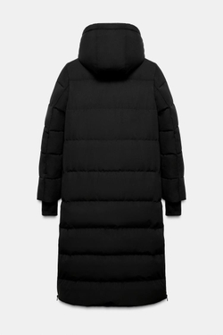 ZARA УДЛИНЕННЫЙ ПУХОВИК С КАПЮШОНОМ WATER REPELLENT WINDPROOF, ЧЕРНЫЙ