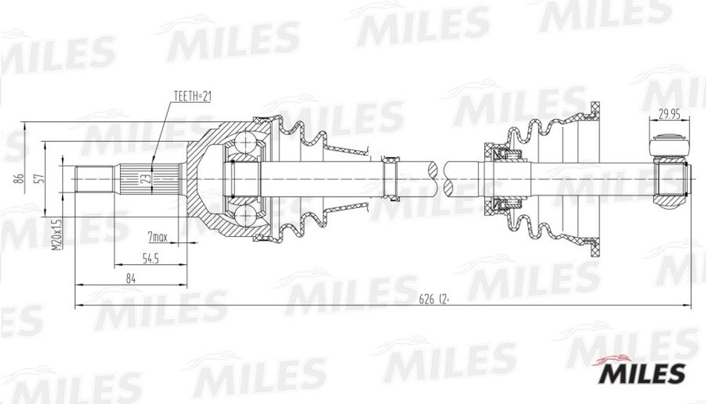 Привод шрус в сб. Renault Symbol Clio лев. (наруж. 21 шл./внутр. 30 шл.) (Miles)