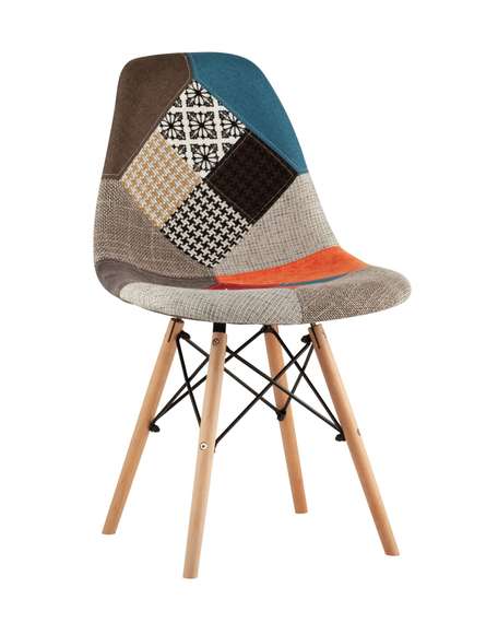 Eames DSW в тканевой обивке в стиле пэчворк, сиденье платиковое, ножки деревянные