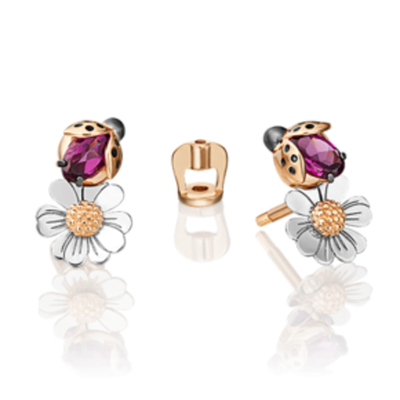 Серьги «Драгоценный сад» (пожелание удачи) из комбинированного золота c гранатом и эмалью Артикул: 02-4701-00-204-1111-75