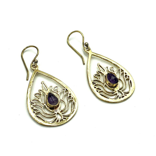 Серьги Lotus Drop аметист из латуни