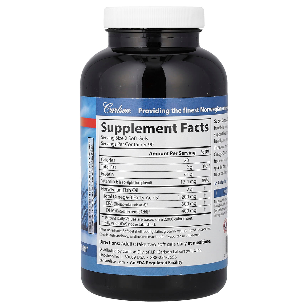 Carlson, Super Omega-3 Gems®, высокоэффективные омега-3 кислоты из рыбы дикого улова, 180 капсул