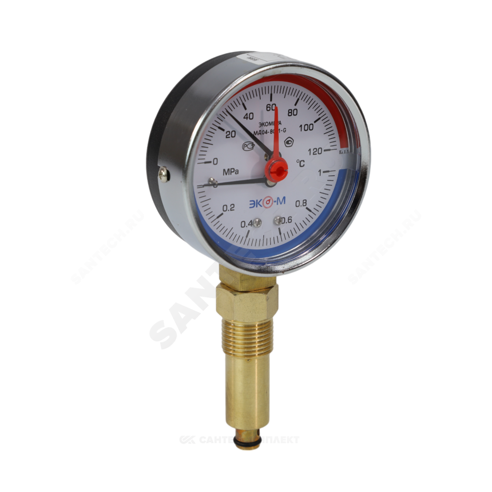 Термоманометр МД04 радиальный Дк80 0-1,0 МПа L=40мм G1/4" 120С с переходником на G1/2" ЭКОМЕРА МД04-80-G-1МПа-120-L-40-РИ