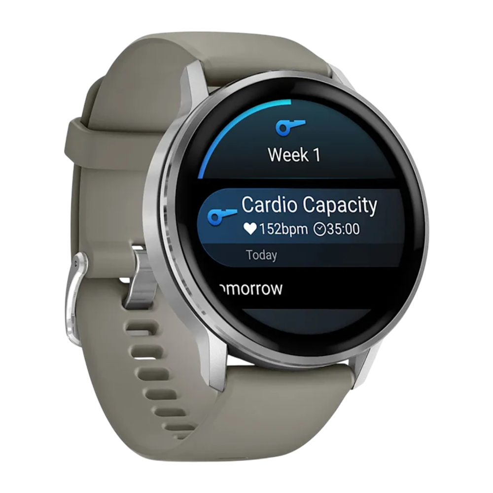 Спортивные часы Garmin Venu 4, 45 мм, серебристо-серый силиконовый ремешок Безель из нержавеющей стали серебристого цвета, корпус серебристого цвета, AMOLED-дисплей со стеклом Gorilla Glass. Ремешок с классической застёжкой — на запястье обхватом 135–200