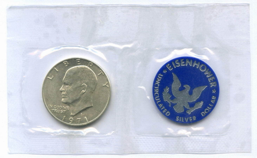 1 доллар 1971 год (S). США. Эйзенхауэр. Серебро, диаметр 38.1 мм. UNC с жетоном в родной запайке и конверте