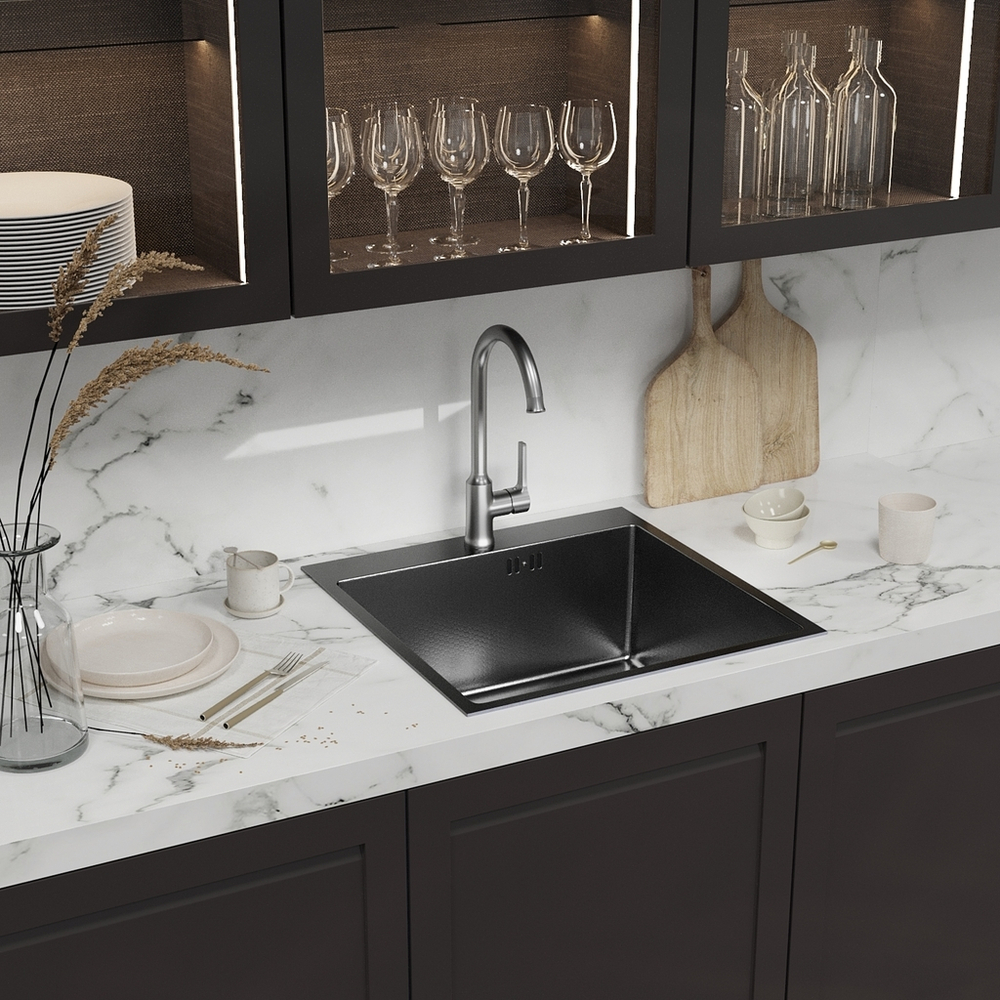 Мойка настол.монтаж 50х50 (3,0) вып 3 1/2  MIXLINE PRO 20см с сифоном (черный графит НАНО декор)