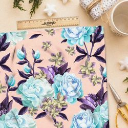 Ткань атлас голубые розы и лепестки