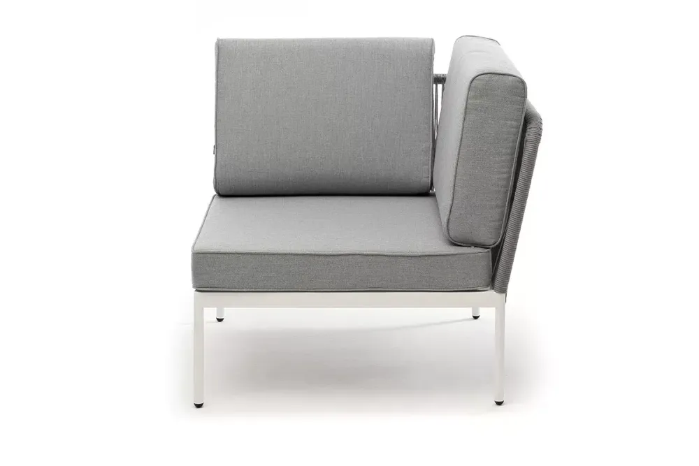 "Канны" угловой модуль плетеный из роупа, каркас алюминий белый шагрень, роуп светло-серый круглый, ткань светло-серая