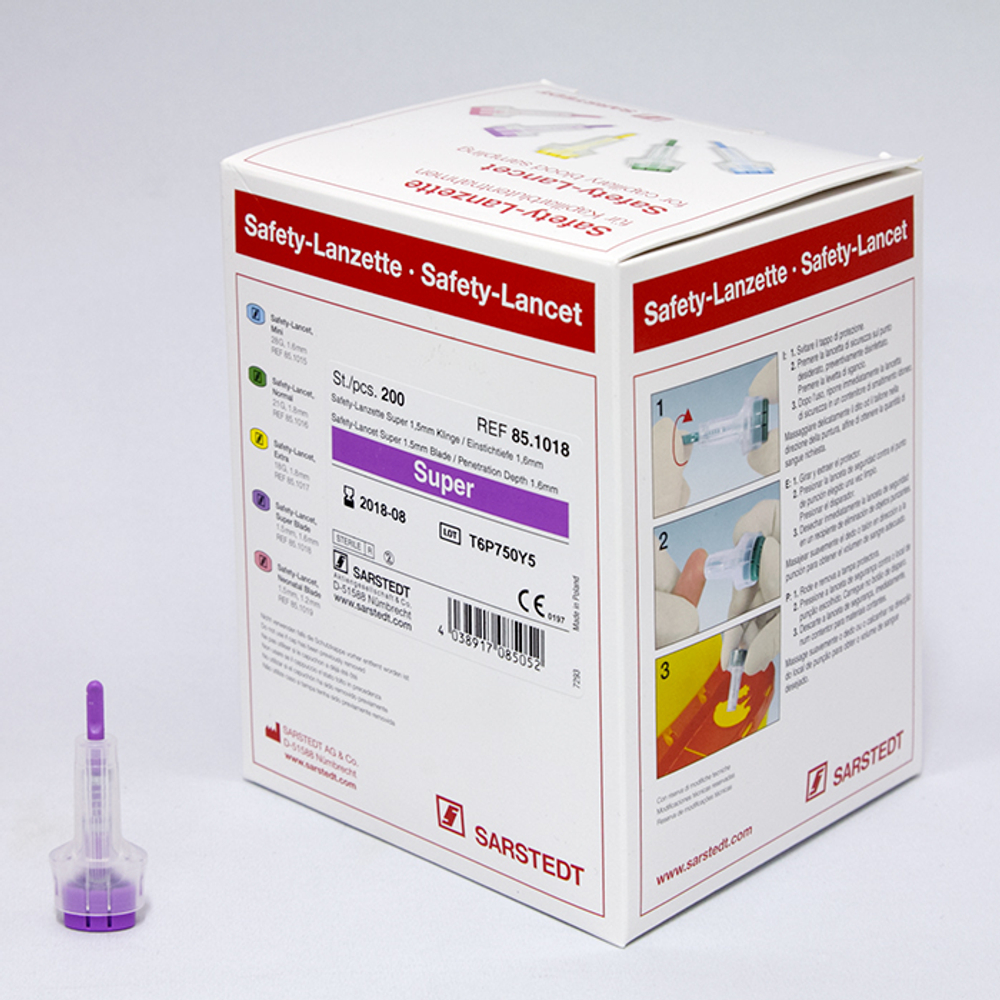 Скарификатор (ланцет) безопасный SUPER прокол-1.6мм, 85.1018, Sarstedt, 200шт/уп