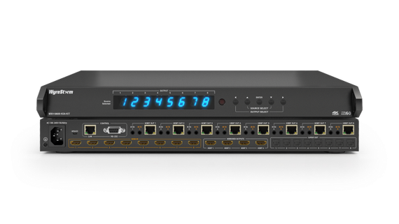 Wyrestorm MXV-0808-H2A-KIT - матричный коммутатор 8×8 4K60 HDBaseT с 8 приемниками в комплекте, 4K@60 (4:4:4) до 35м, FuLL HD до 70м, HDMI 2.0, HDCP 2.3, деэмбедирование аудио, EDID, LAN, RS-232, ИК, PoH