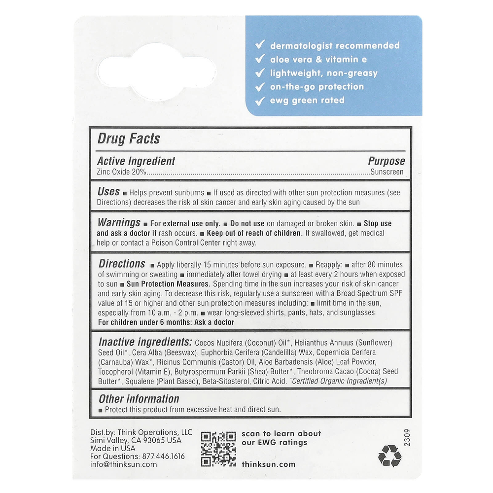 think, Thinksport, солнцезащитный карандаш, фактор защиты от солнца 30, 0,64 унции (18,4 г)