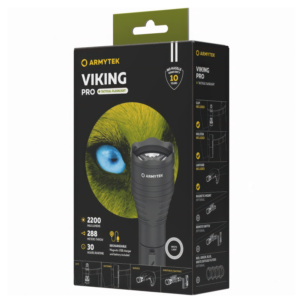 Тактический фонарь Armytek Viking Pro Magnet USB — ударопрочный корпус из авиационного алюминия с матовым анодированием.