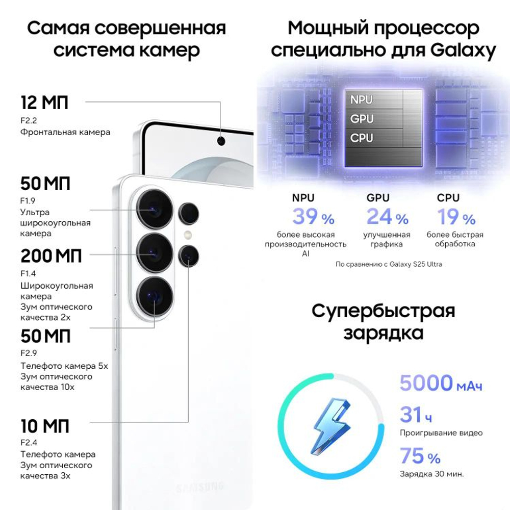6.9" Смартфон Samsung Galaxy S26 Ultra 12/256Gb,  SM-S948B,  NFC,  AMOLED,  120Гц,  5000мAч,  белый