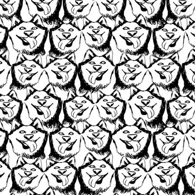 Узор из счастливых хаски собак, нарисованных от руки чернилами в дудл стиле.