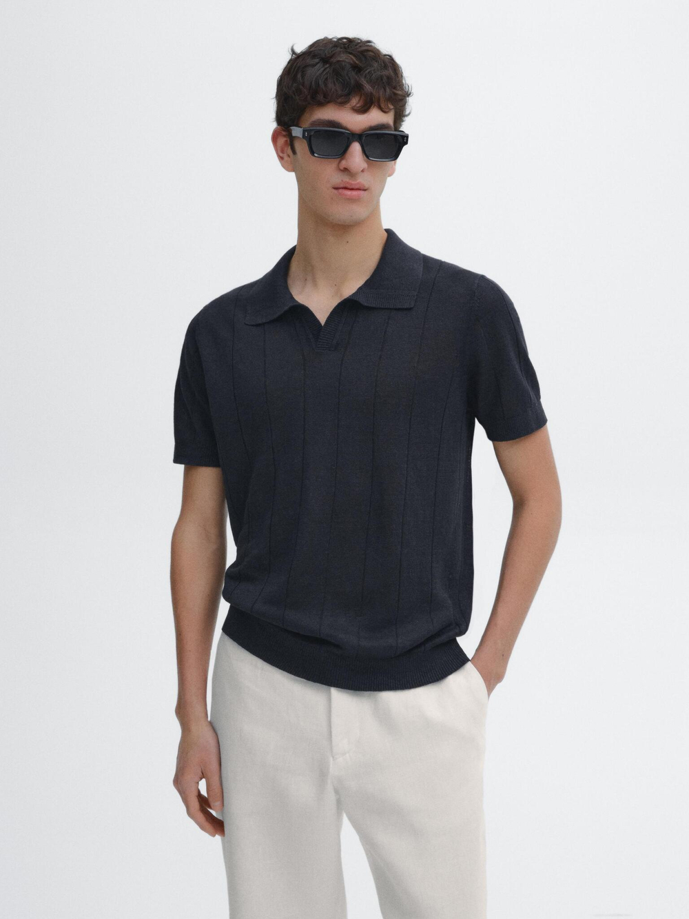 Massimo Dutti Льняной трикотажный свитер с воротником-поло, темно-синий