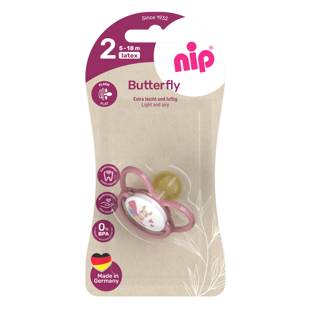 NIP Соска пустышка, латекс, размер 2 "Butterfly" Лама (5-18 мес) 1 шт