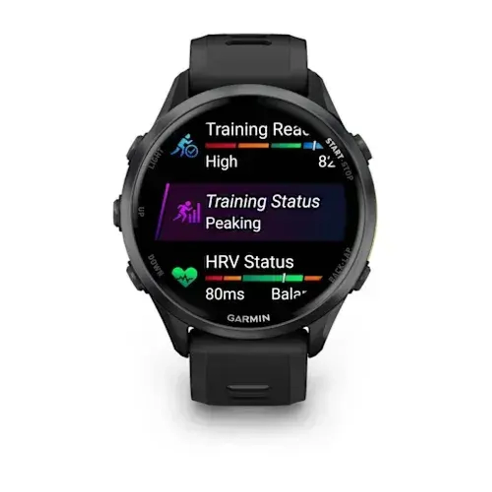 Умные часы Garmin Forerunner 970 угольно-серый DLC Titanium с черным корпусом и черным/прозрачным белым ремешком