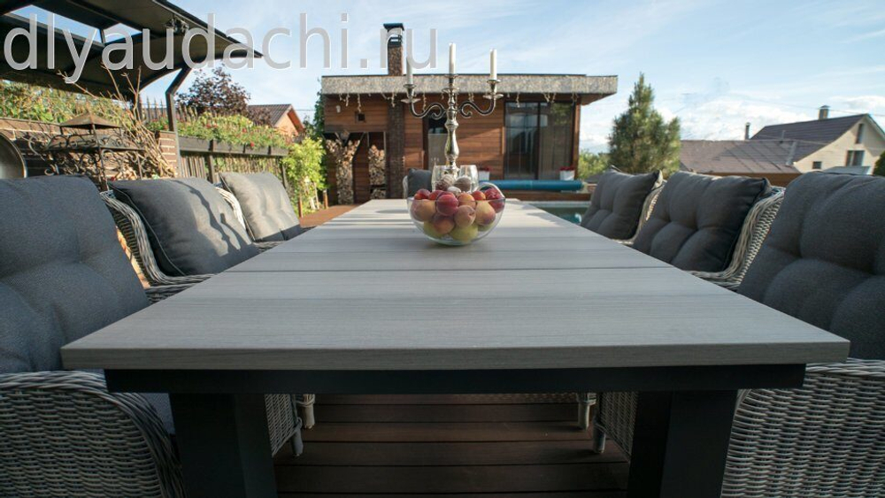 Обеденный комплект стол ПАРКЛЭНД + 6 кресел из искусственного ротанга БЕРГАМО (цвет серый/коричневый)