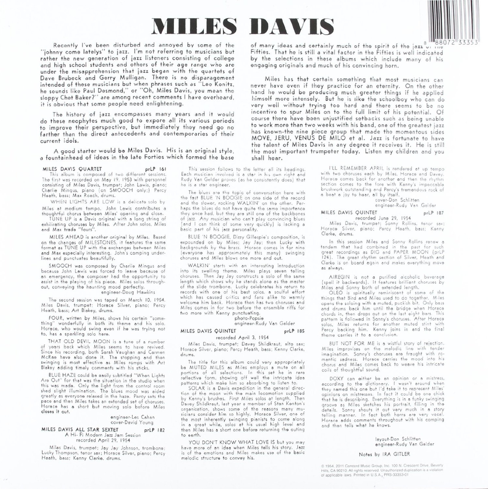 Miles Davis Quartet / Prestige LP 161 (Coloured Vinyl)(10" Vinyl LP)