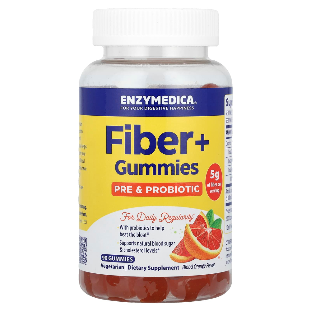 Enzymedica, Fiber+, жевательные таблетки с пребиотиками и пробиотиками, со вкусом красного апельсина, 90 жевательных таблеток