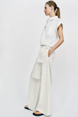 ZARA ШИРОКИЕ БРЮКИ В ПОЛОСКУ С ПЛАТКОМ, ЭКРЮ/КОРИЧНЕВЫЙ