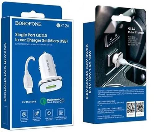 Зарядное устр-во в прикур. 1 USB 3.0A QC3.0 белый + кабель micro USB (BOROFONE)