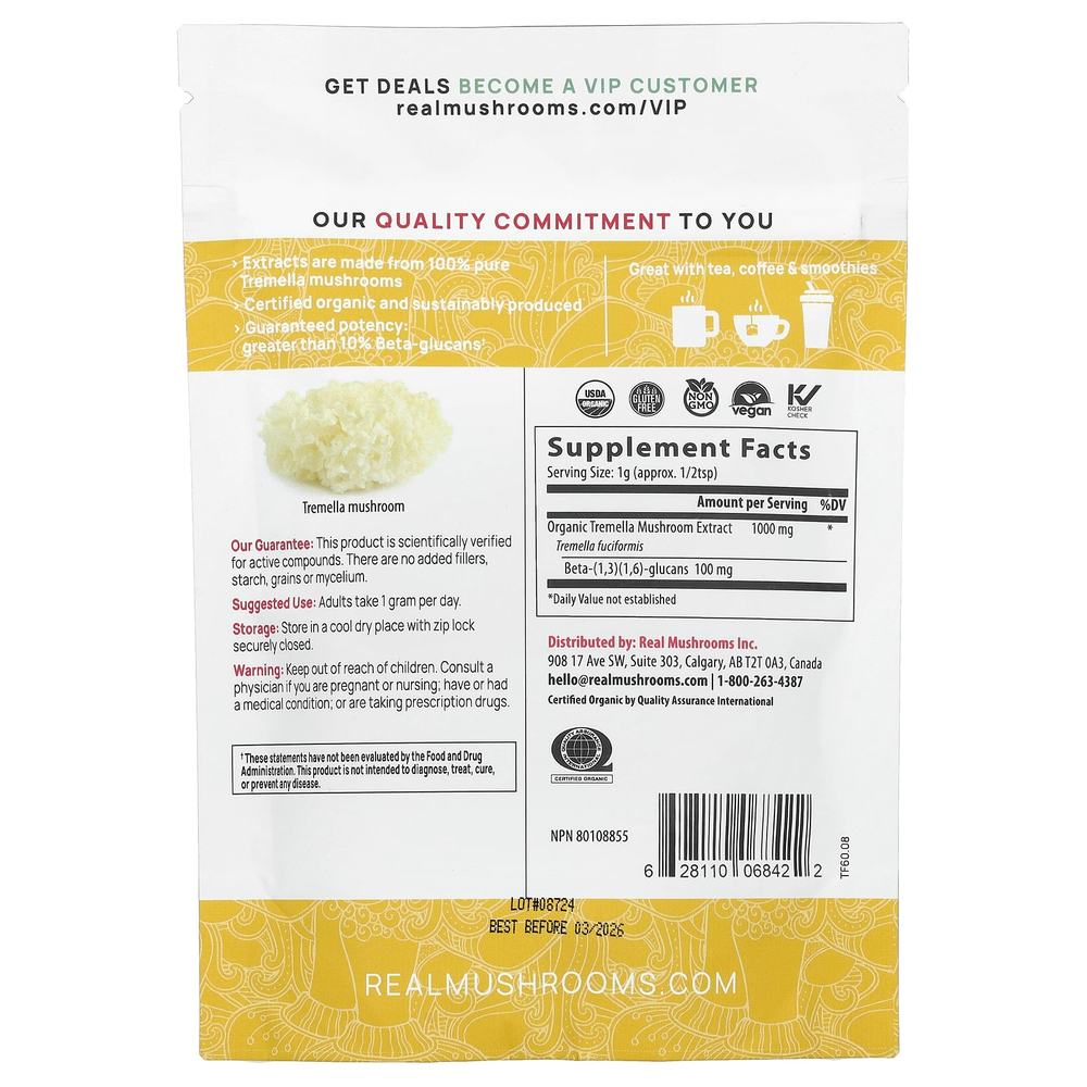 Real Mushrooms, Tremella, органический экстракт грибов в порошке, 60 г (2,12 унции)