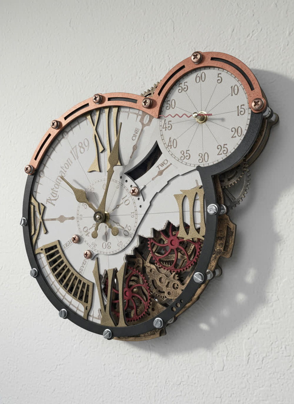 Настенные часы WOODandROOT Automaton 1789 Hermitage с латунными элементами и детализированным механизмом на светлой стене