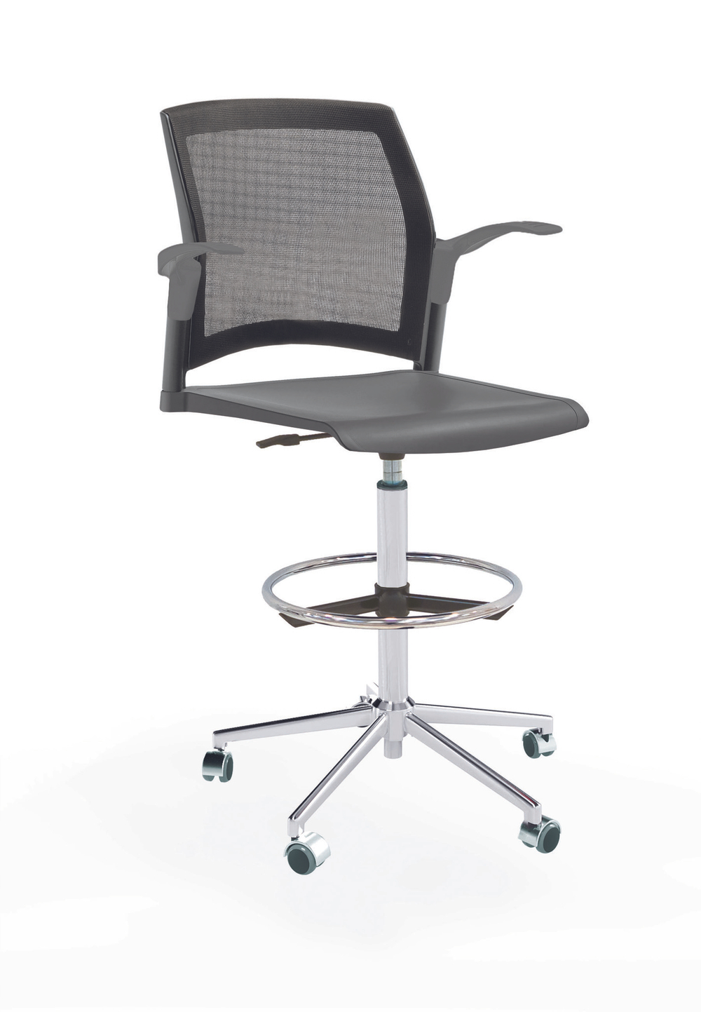 Кресло Rewind каркас хром, пластик серый, база стальная хромированная, с открытыми подлокотниками, сиденье без обивки, спинка-сетка