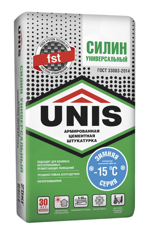 Штукатурка UNIS СИЛИН УНИВЕРСАЛЬНЫЙ ЗИМНИЙ армированная цементная  25 кг