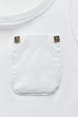 ZARA ТОП В ТОНКИЙ РУБЧИК С КАРМАНОМ, БЕЛЫЙ