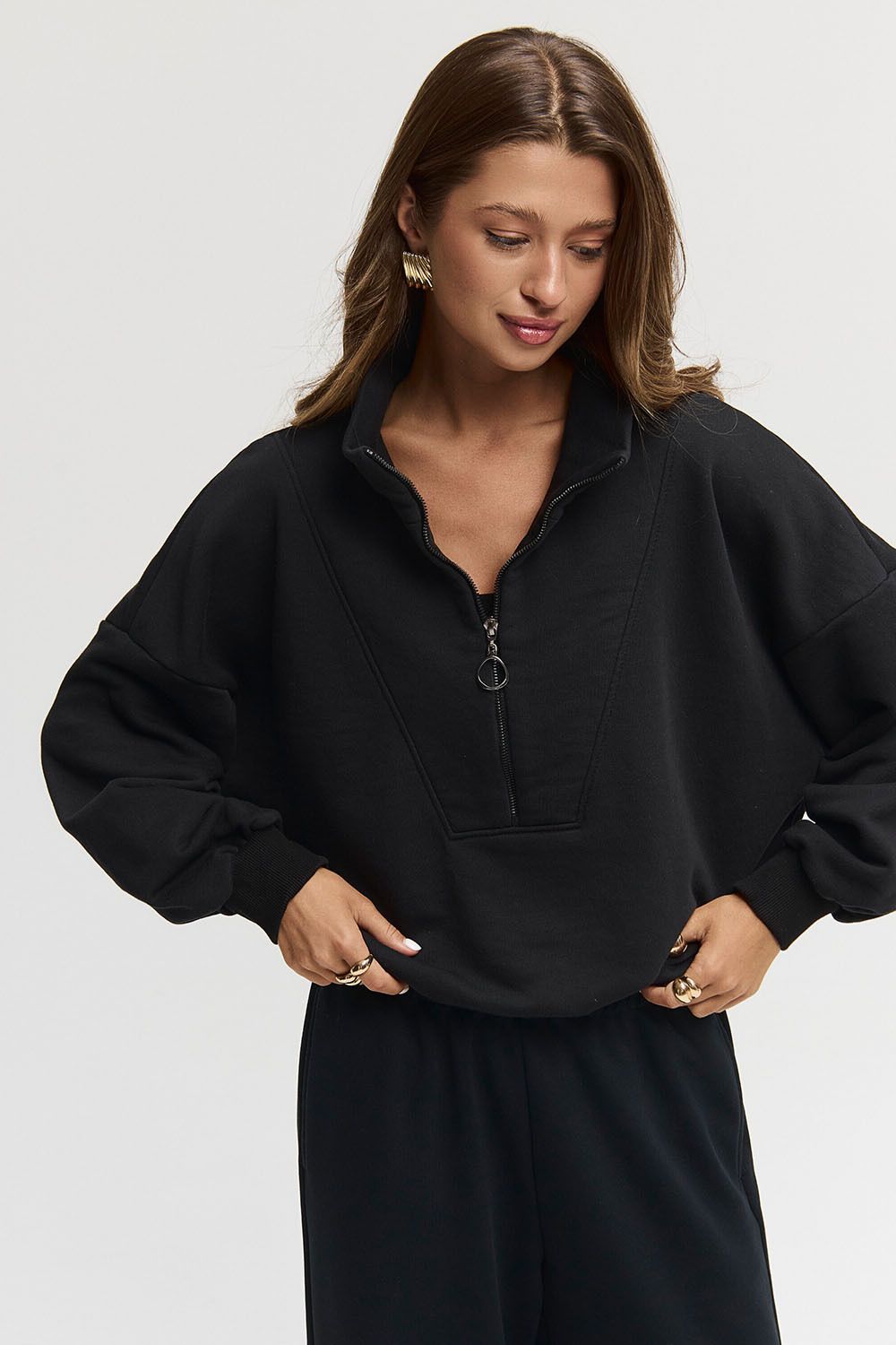 Олимпийка на молнии из премиум футера черного цвета