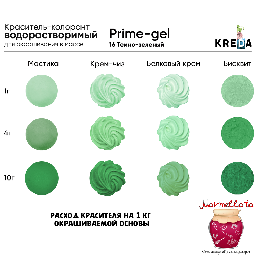 Краситель водор-ый пищевой гелевый "Kreda Prime-gel", ТЕМНО-ЗЕЛЕНЫЙ 16 (10 мл.)