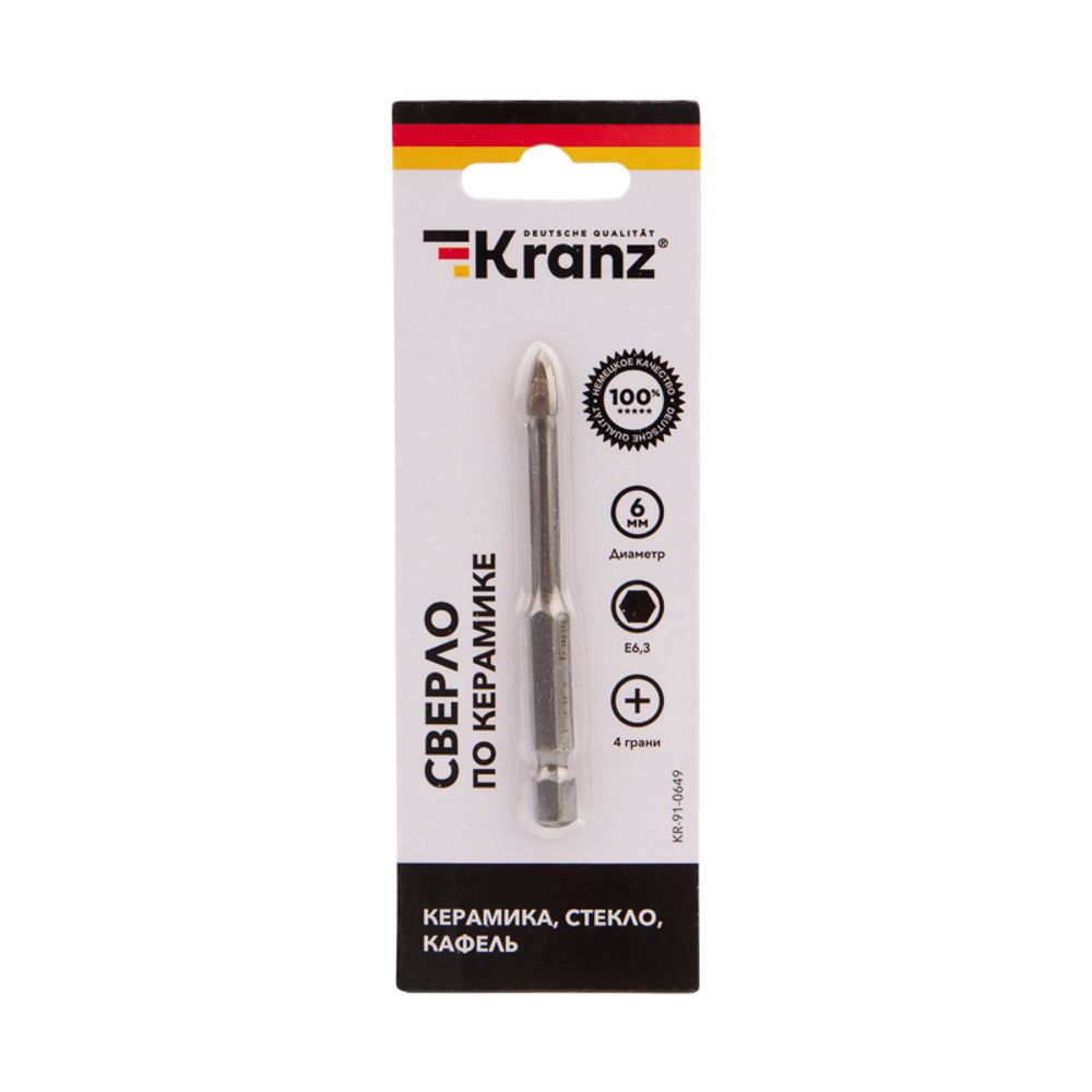 Сверло по стеклу и керамике  6 мм, 4 грани, шестигранный хвостовик KRANZ