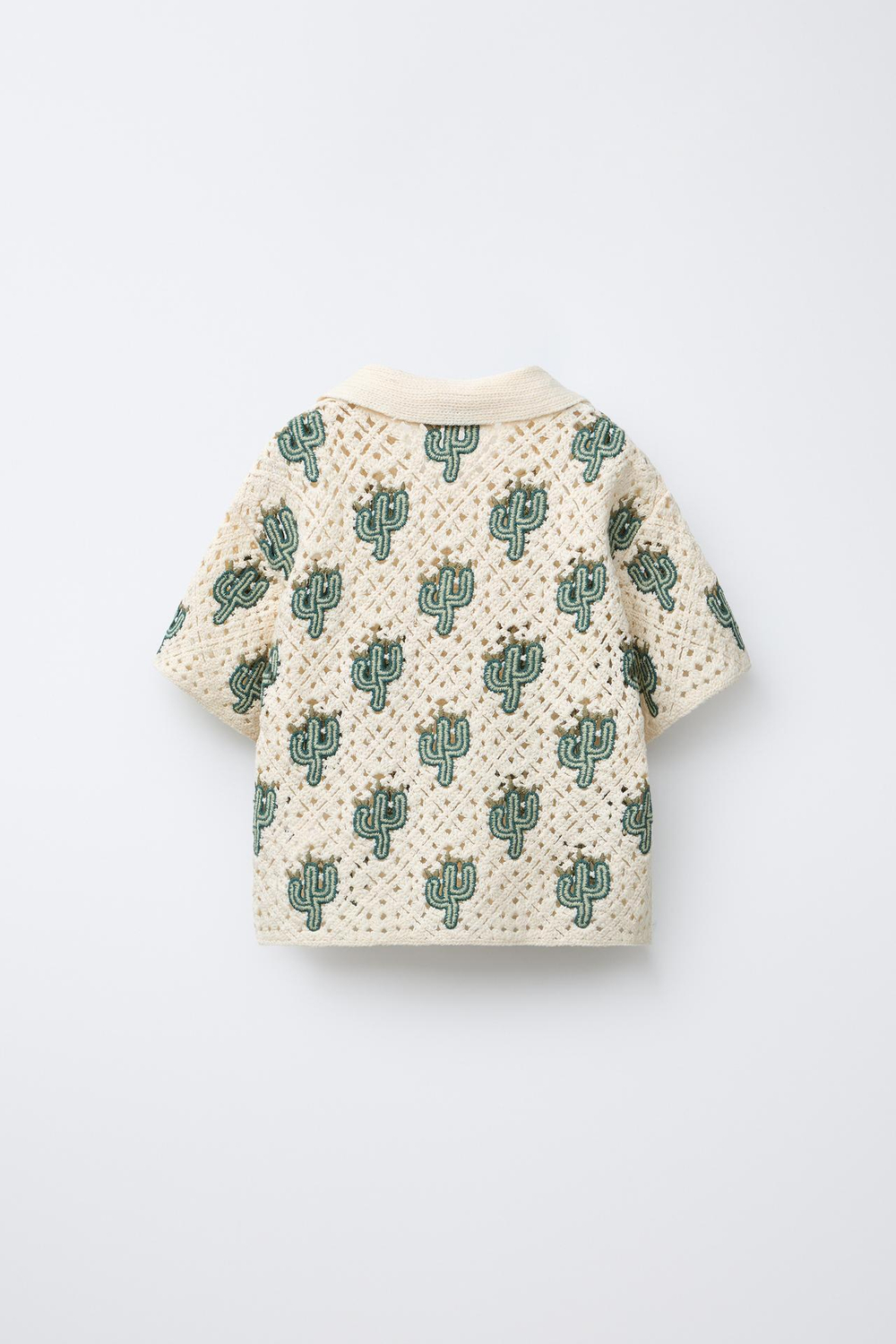 ZARA РУБАШКА ИЗ КРУЖЕВА КРОШЕ С УЗОРОМ «КАКТУСЫ», ЭКРЮ/ЗЕЛЕНЫЙ